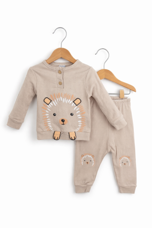 Seturi - Set băieți bumbac 100% cu imprimeu arici, bluză și pantaloni bej | Petino