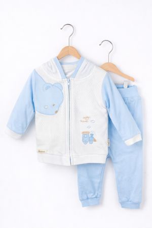 12 - 24 luni - Set băieți din bumbac 100% cu urs – jachetă, bluză și pantaloni