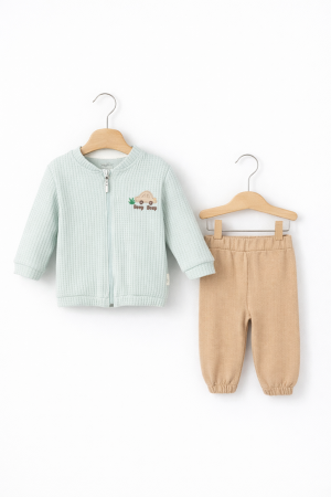 Seturi - Set băieți 3 piese din bumbac verde mentă, alb și maro