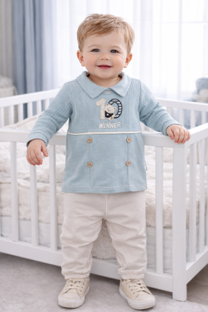 Reduceri - Set baieti bluza cu guler pantaloni bej ursulet Winner