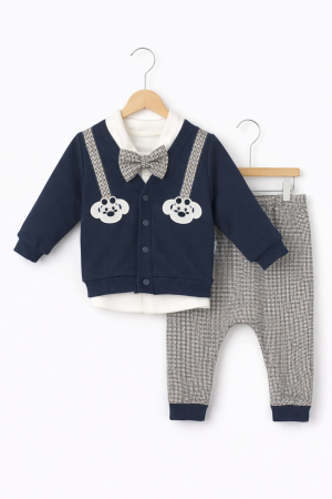 Cadouri - Set baieti elegant bumbac 3 piese albastru cu camasa papion