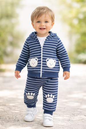 Seturi - Set bebe 3 piese din bumbac, bluză, body și pantaloni catifelați – albastru închis