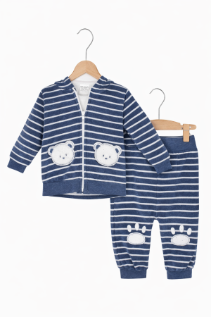 12 - 24 luni - Set bebe 3 piese din bumbac, bluză, body și pantaloni catifelați – albastru închis