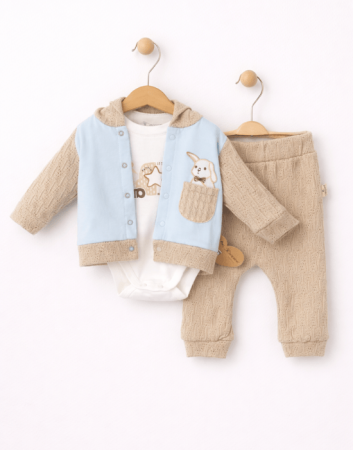 Colecția de Primăvară - Set băieți 3 piese bleu și bej cu body, bluză și pantaloni
