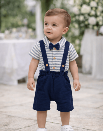 Salopete - Set de vară băieței cu salopetă scurtă și papion | 3–18 luni
