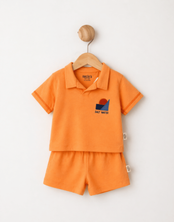 Seturi - Set băieți 2 piese de vară, portocaliu, cu tricou polo