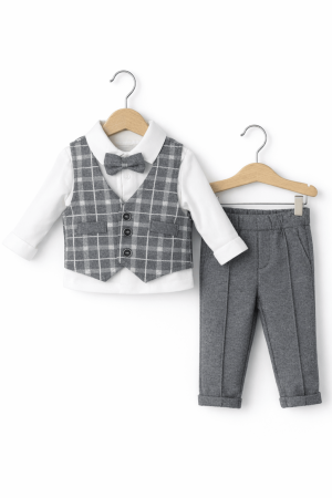 Noutăți - Set elegant bebe băieți gri cu vestă – 3-6, 6-9, 9-12 luni | Petino