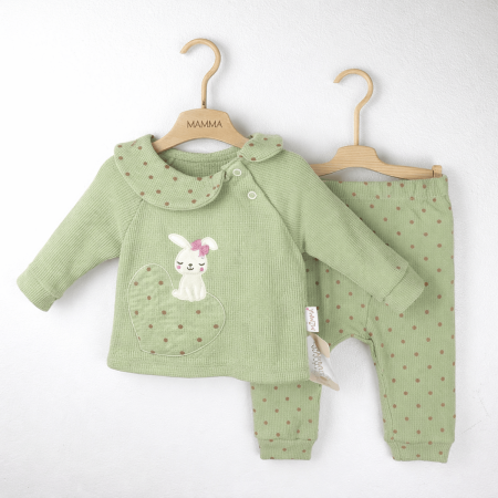 Noutăți - Set fetiță 2 piese verde din bumbac 100% cu iepuraș imprimat