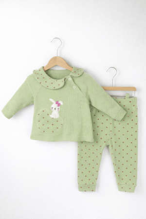 Noutăți - Set fetiță 2 piese verde din bumbac 100% cu iepuraș imprimat