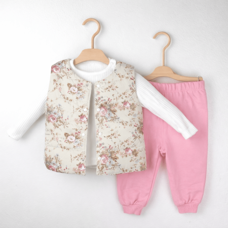 Noutăți - Set fetiță 3 piese din bumbac 100% cu vestă înflorată