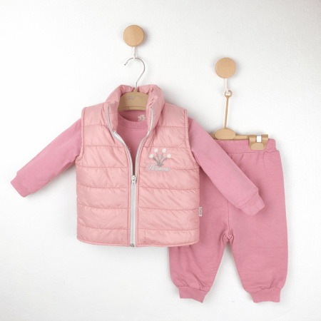Noutăți - Set fetiță 3 piese roz din bumbac 100% cu vestă cu puf