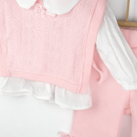 Noutăți - Set fetiță 3 piese roz din bumbac și tricot cu pantaloni evazați