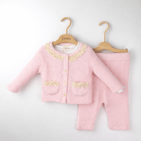 Seturi - Set fetiță 3 piese roz din bumbac 100% cu jachetă