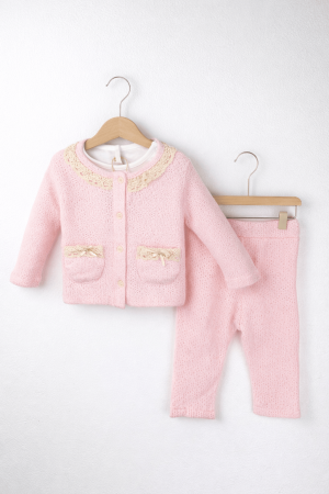 Set fetiță 3 piese roz – jachetă, bluză albă și pantaloni din bumbac