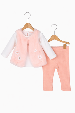 12 - 24 luni - set-bebe-3-piese-vesta-pufoasa-bluza-alba-pantaloni-somon