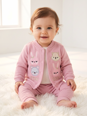 Noutăți - Set fetițe 3 piese din bumbac 100% roz cu iepurași | Petino