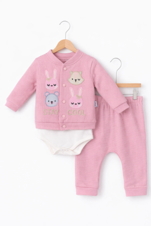 Seturi - Set fetițe 3 piese din bumbac 100% roz cu iepurași | Petino