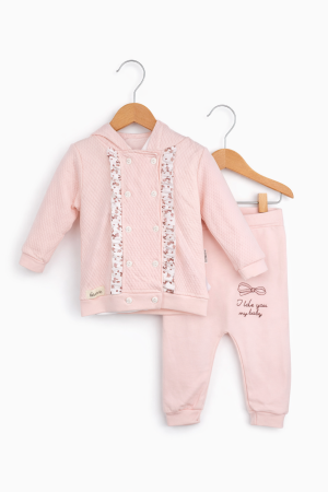 Seturi - Set fetițe 3 piese din bumbac – jachetă roz și pantaloni cu fundiță | Petino