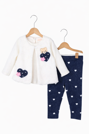 Seturi - Set fetițe 3 piese bumbac – vestă pufoasă cu inimioare