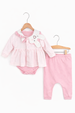 0 - 6 luni - Set fetițe din bumbac cu iepuraș | Body, pantaloni și bluză | Petino