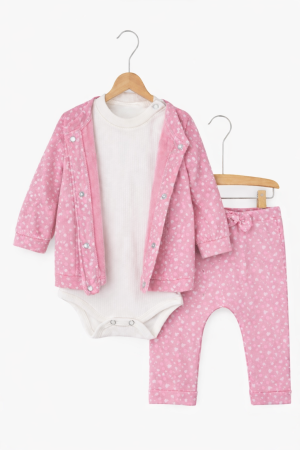 Seturi - Set fetițe roz cu inimioare – jachetă, body și pantaloni, 3 piese