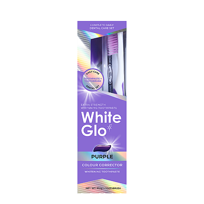 Pachet pasta de dinti cu efect de albire si periuta White Glo Purple, corector de culoare mov, 160g [1]