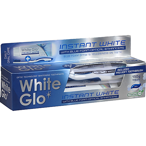Pachet pasta de dinti si periuta, White Glo Instant White cu potentiatori optici din spuma albastra, 150 g [1]