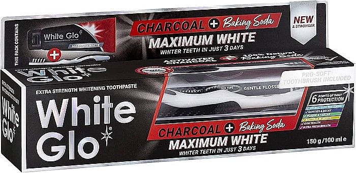 Pasta de dinti White Glo Charcoal Maximum White, cu bicarbonat de sodiu, 150g/100ml, cu periuta inclusa [1]
