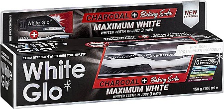 Produse White Glo - Pasta de dinti White Glo Charcoal Maximum White, cu bicarbonat de sodiu, 150g/100ml, cu periuta inclusa