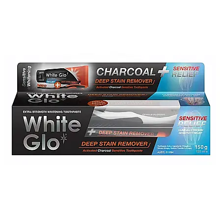 Produse White Glo - Pasta pentru dinti sensibili cu carbune activat Deep Stain Remover Sensitive Relief, 125 ml, cu periuta inclusa