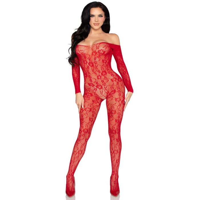 Bodystocking dama din dantela rosie Leg Avenue 89366, design elastic, One Size, lenjerie sexy [5]