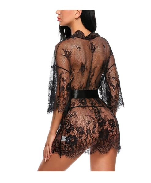 Halat sexy tip kimono din dantelă florală transparentă, cu cordon satinat, negru [2]