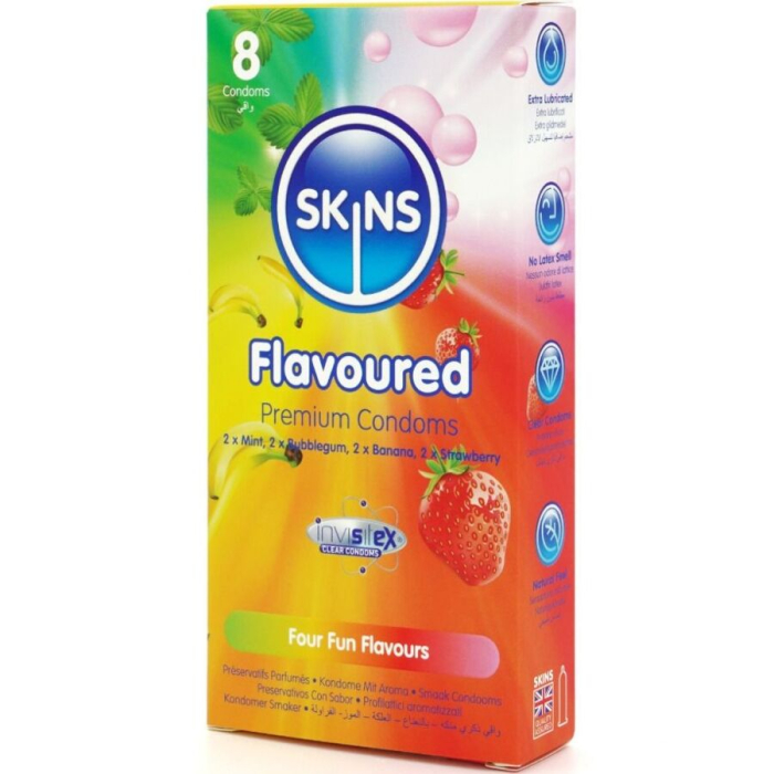 Prezervative aromate SKINS Multi Flavors Premium, 8 buc, latex ultra-subtire, banana, capsuni, menta, bubblegum [2]
