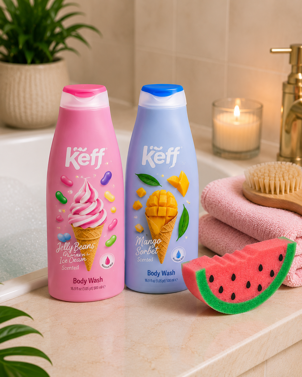 Set Gel de Dus Keff Candy Splash, Jelly Beans & Mango Sorbet, 2 x 500 ml + Burete de Baie Pepene [2]