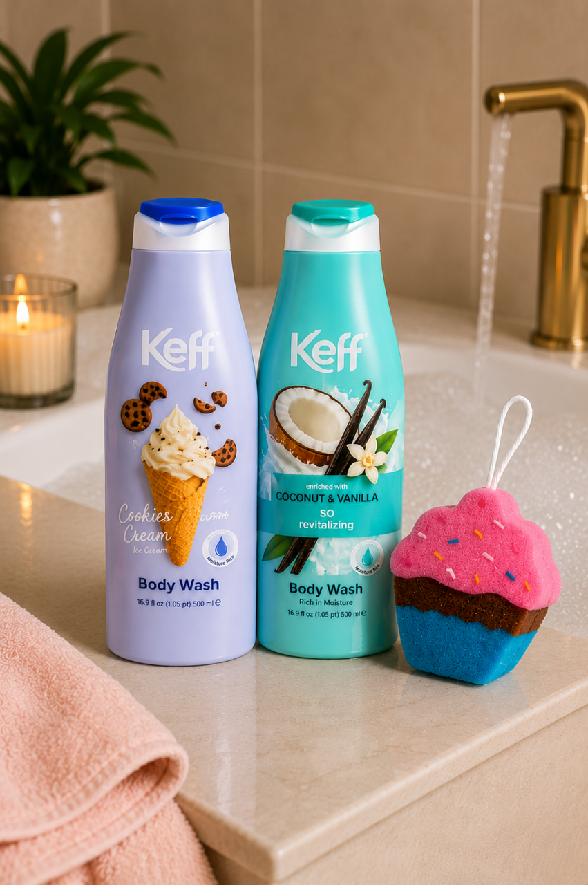Set Gel de Dus Keff Creamy Escape, Cookies Cream & Coconut & Vanilla, 2 x 500 ml + Burete de Baie Cupcake [2]
