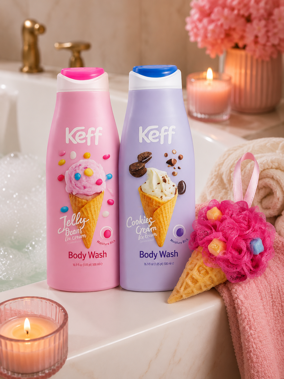 Set Gel de Dus Keff Sweet Duo, Jelly Beans + Cookies Cream, 2 x 500 ml + Burete de Baie in Forma de Inghetata [2]