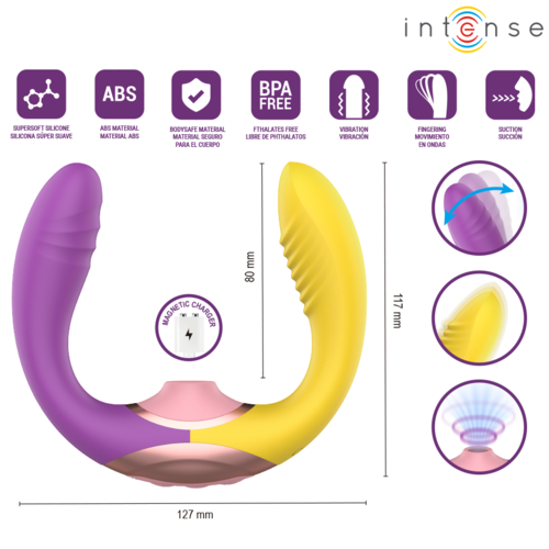 Vibrator 3-in-1 Intense Willow, 2 Motoare Independente, Suctiune si Vibratie, Punct G si Clitoris, 10 Functii, Silicon Medical, Galben/Violet Gradient [6]
