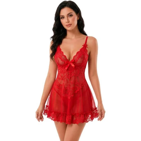 Babydoll roșu din dantelă transparentă, cu fundiță satinată, mărimea S/M