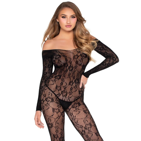 Body-uri - Bodystocking dama din dantela neagra Leg Avenue 89366, design elastic, One Size, lenjerie sexy