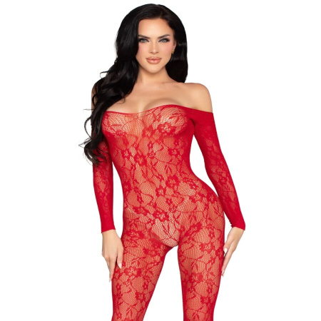 Body-uri - Bodystocking dama din dantela rosie Leg Avenue 89366, design elastic, One Size, lenjerie sexy