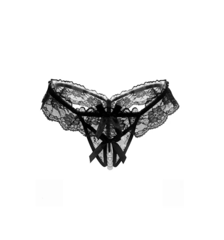 Lenjerie sexy - Chilot sexy din dantelă cu șirag de perle în zona intimă și fundițe, negru, mărime universală S–M