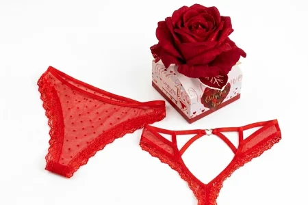 Lenjerie sexy - Chilot Sexy Roșu pentru Damă cu Trandafir Cadou, Dantelă și Plasă Transparentă, Mărime Universală