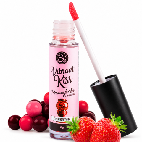 Stimulare - Gloss comestibil stimulant Vibrant Kiss cu efect de furnicături, aromă gumă cu căpșuni, 6 g