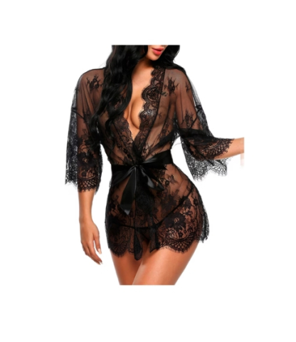 Lenjerie sexy - Halat sexy tip kimono din dantelă florală transparentă, cu cordon satinat, negru