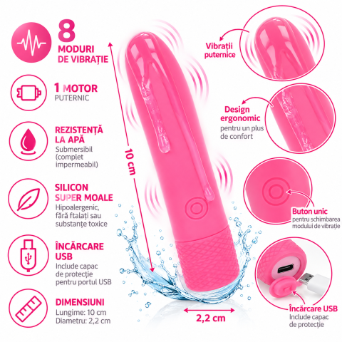 Mini Vibrator Bullet Symone, 10 cm, USB, 8 Vibrații, Stimulator Clitoridian