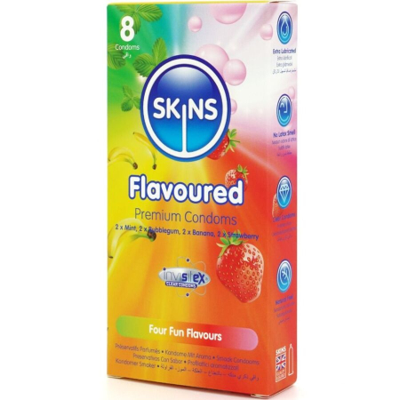 Prezervative aromate SKINS Multi Flavors Premium, 8 buc, latex ultra-subtire, banana, capsuni, menta, bubblegum [1]