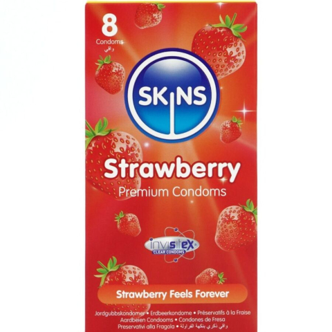 Prezervative SKINS Premium cu aromă de căpșuni – Ultra Subțiri, Lubrifiate, 8 bucăți