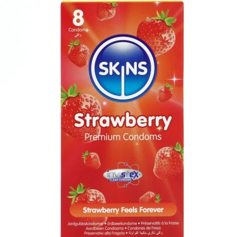 Prezervative - Prezervative SKINS Premium cu aromă de căpșuni – Ultra Subțiri, Lubrifiate, 8 bucăți