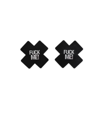 Set 2 plasturi decorativi pentru sfârcuri, model X cu mesaj „Fuck Me”, negru