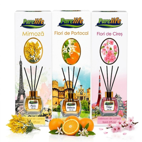 Răsfăț & Relaxare - Set 3 odorizante camera Purelife, Flori de cires + Mimoza + Flori de portocal, 120 ml, parfum floral delicat, difuzor betisoare, ideal cadou